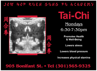 Tai-Chi classes Mondays 6:30 - 7:30pm - Promotes health and well being; Lowers stress; Lowers blood pressure; Increases physical stamina